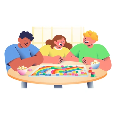 A group of three kids, two boys and one girl, are gathered around a round wooden table playing a colorful board game. The boy on the left has dark hair and is wearing a blue t-shirt, while the boy on the right has curly blonde hair and is dressed in a green t-shirt. The girl in the center has long brown hair and is wearing a bright yellow dress. The board game features vibrant elements, including a rainbow path and colorful game pieces. Each child has a look of concentration mixed with joy as they laugh together. Surrounding the table, there are snacks in bowls, including popcorn and gummy bears. The room is filled with warm light, which adds to the cheerful atmosphere.