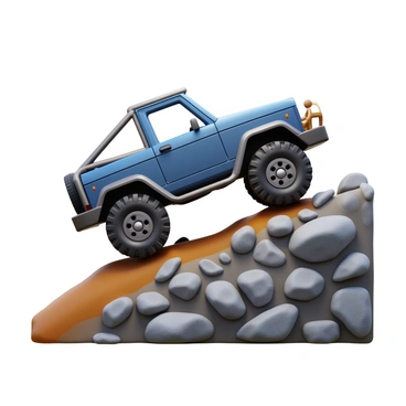 A rugged off-road vehicle climbing a rocky hill. The vehicle features large, knobby tires and a sturdy frame designed for tough terrain. There is a muddy trail visible behind it, showing tracks from its movement. The rocky hill is steep and scattered with various sizes of boulders and stones. The scene captures the intensity of the climb, with dirt and mud splattered on the sides of the vehicle.