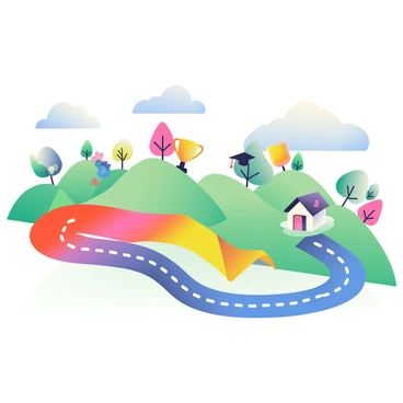 A colorful roadmap is laid out across the scene, featuring bright sections indicating various CPF milestones. The roadmap winds through green hills, with significant milestones marked by distinct icons: a golden trophy for achievements, a small house for home ownership, and a graduation cap representing educational goals. Each milestone is connected by a dotted line, illustrating the journey through the roadmap. Surrounding the roadmap are vibrant trees and flowers, adding to the lively atmosphere of progress and achievement. The sky above is a soft blue, dotted with fluffy white clouds.
