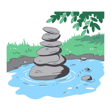 A stack of perfectly balanced smooth stones is carefully arranged on a riverbank. Each stone varies in size and shape, with the largest stone at the base providing stability. The stones are grey and feature smooth, rounded edges. The river flows gently beside the stones, with ripples created by the current. Dappled sunlight filters through overhanging branches, casting soft shadows on the ground. In the background, lush green grass and a few scattered pebbles complement the serene setting.