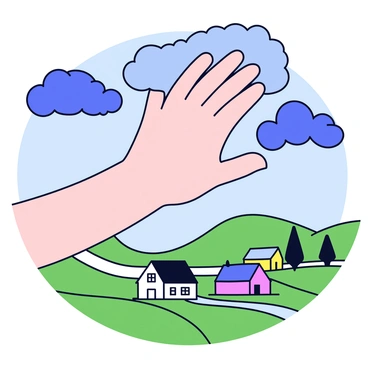A large hand extends from the clouds, forming a protective barrier over a small village nestled in a valley. The hand is open and looks gentle, with fingers splayed wide to cover the rooftops of quaint cottages below. The village features several houses with colorful facades, surrounded by lush green fields. Dark storm clouds gather in the sky, indicating an approaching storm, while the hand remains a bright and contrasting element, symbolizing safety and protection. The scene conveys a sense of calm amidst the looming chaos of the storm.