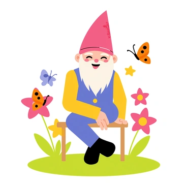 A cheerful garden gnome with a red hat and a blue vest is sitting on a small wooden stool. The gnome has a white beard and a big smile on his face. Around him, there are colorful blooming flowers in shades of pink, yellow, and purple. Butterflies with vibrant orange and black patterns are fluttering around the flowers, adding to the lively atmosphere of the garden. The grass is lush and green, providing a soft base for the scene.