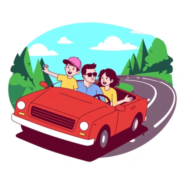 A family on a road trip, with kids excitedly looking out of the car windows.