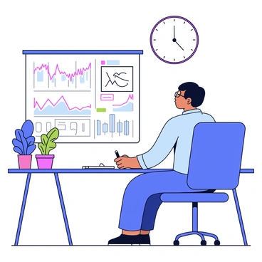 An economist is sitting at a modern desk, focused on analyzing stock market data. In front of them is a large digital display showing various graphs and charts depicting market trends, with lines fluctuating in different colors. The economist is wearing glasses and has a pen in hand, jotting down notes on a notepad. The room is well-lit with minimalistic decor, featuring a few plants and a clock on the wall.