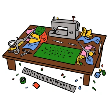 A cluttered workspace filled with colorful fabric scraps of various patterns and textures scattered across a large wooden table. There are several pairs of scissors with shiny metal blades, measuring tapes coiled up, and a rotary cutter lying among the fabric. A cutting mat is visible under the scraps, showing signs of use with numerous blade marks. A sewing machine sits in one corner, its thread spools lined up neatly beside it. Various tools, such as pins and fabric markers, are also present, giving a sense of creativity and activity in the process of making bubu gowns.