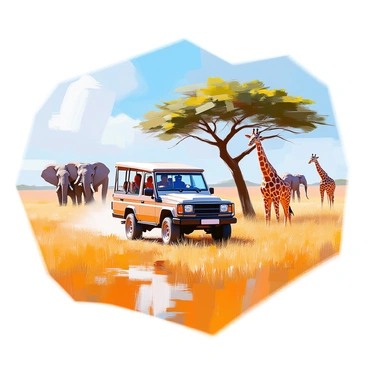 A safari jeep is driving through a vast savanna landscape, showcasing the golden grasses swaying gently in the breeze. In the background, a herd of elephants is seen, with large, majestic trunks raised as they move gracefully across the terrain. To the right, a group of tall giraffes is grazing on the treetops, their long necks stretching to reach the leaves. The jeep is positioned prominently, with its open top and occupants looking out at the wildlife. The sky is clear, adding a bright blue backdrop to this vibrant scene.