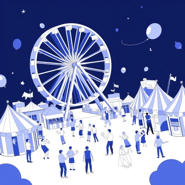A lively carnival scene is set at night. In the center, there is a large ferris wheel, illuminated with numerous lights that create a striking outline against the dark sky. Surrounding the ferris wheel, there are colorful tents and stalls selling various treats like cotton candy and popcorn. A group of people is gathered, some enjoying rides, while others are playing games at the booths. Balloons float in the air, and a lively atmosphere is conveyed through the energy of the crowd and the sounds of laughter and excitement.