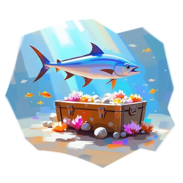 A large marlin with sleek, iridescent blue skin is swimming gracefully near a sunken treasure chest on the ocean floor. The chest, made of aged wood and adorned with rusted metal accents, is partially covered in soft corals and marine algae. Sunlight filters through the water, casting shimmering beams that illuminate the scene. Various small fish swim around, adding liveliness to the underwater environment. The ocean floor is scattered with sand and pebbles, completing the tranquil underwater landscape.