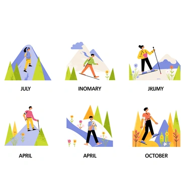 A group of adventurers is depicted in various landscapes, each reflecting the essence of a different month. In July, a hiker climbs a steep mountain trail surrounded by vibrant green trees and blooming wildflowers, showcasing the peak of summer. In January, an adventurer is skiing down a snow-covered slope with a clear blue sky above, embodying the spirit of winter. In April, a person is exploring a lush forest filled with budding flowers and soft sunlight filtering through the leaves, symbolizing the arrival of spring. In October, an adventurer is walking through a colorful landscape of orange and red foliage, capturing the essence of fall. Each scene should feature distinct natural elements that highlight the characteristics and beauty of their respective months.