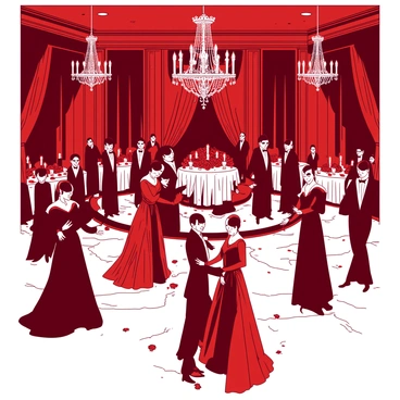 A red opulent ballroom is filled with elegantly dressed vampires, each wearing elaborate masks that conceal their identities. The vampires are adorned in luxurious clothing, featuring rich fabrics such as silk and velvet, showcasing deep shades of red and black. Crystal chandeliers hang from the ceiling, casting a warm light that reflects off the marble floor. In the center of the room, a grand dance floor is surrounded by elegantly set tables draped in white linens, adorned with candlelight and red roses. Some vampires are engaged in graceful waltzes, while others mingle and converse in hushed tones, creating an air of mystery and intrigue.