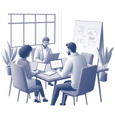 A diverse group of entrepreneurs is gathered around a large wooden table in a dynamic office environment. There are three individuals: a woman with curly hair, a man with glasses, and a person with a neatly trimmed beard. Each is engaged in discussion, with laptops and notebooks open in front of them. One entrepreneur is pointing at a laptop screen, while another is taking notes on a notepad. The office has large windows allowing natural light to flood in, and there are potted plants in the corners, adding a refreshing touch to the workspace. A whiteboard covered in diagrams and ideas is prominently displayed in the background.