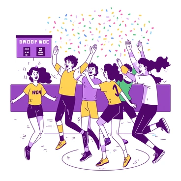 A group of athletes in colorful jerseys is celebrating their victory on the court, with joyful expressions on their faces. They are high-fiving each other and jumping in excitement. Behind them, colorful confetti is falling from above, creating a festive atmosphere. The court surface is polished and reflective, enhancing the vibrant scene. In the background, a scoreboard shows a winning score, emphasizing the moment of triumph.