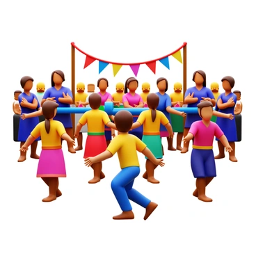 A vibrant 3D scene featuring several people dressed in traditional attire participating in a dance. Each person is engaged in rhythmic movements, showcasing intricate footwork and hand gestures. The dancers are surrounded by colorful decorations, including banners and fabric drapes. In the background, a diverse audience is watching, some clapping along with the music. The atmosphere is lively, capturing the energy of the cultural event.