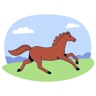 An elegant Arabian horse with a sleek, shiny coat and a flowing mane is galloping across an open plain. The horse’s powerful legs are extended, creating a sense of movement and speed. Surrounding the horse is a wide expanse of green grass under a clear blue sky. A few fluffy white clouds dot the horizon, and the distant outline of small hills can be seen. The horse’s alert ears are perked up, and its eyes are wide with energy as it runs.
