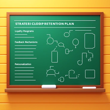 A chalkboard displaying a detailed strategic customer retention plan. The plan includes various sections labeled with clear headings, such as "Loyalty Programs," "Feedback Mechanisms," and "Personalization Strategies." There are bullet points summarizing each strategy, written in white chalk. Diagrams and flowcharts illustrate the relationships between different components of the plan. The chalkboard is set against a wooden wall, with a few chalk pieces resting on the ledge below.