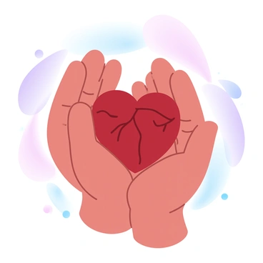 Two hands are gently cradling a realistic heart, showcasing intricate details of the heart's texture and arteries. The hands are depicted with a soft grip, conveying a sense of care and compassion. The background is filled with gradient pastel colors, blending harmoniously to enhance the overall warmth of the scene. The heart is placed centrally, drawing focus to the act of nurturing, while the smooth color transitions create a calming atmosphere around the hands and heart.