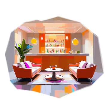 A mid-century modern cocktail lounge featuring low, elegant sofas in rich, muted colors. The sofas are arranged in intimate clusters around sleek, geometric coffee tables. A stylish bar is prominently displayed in the background, crafted from polished wood with a glossy surface, showcasing an array of colorful bottles and glassware. Ambient lighting from stylish fixtures casts a warm glow across the space, highlighting the clean lines and classic design elements typical of the mid-century modern aesthetic. The floor is adorned with a patterned rug that adds texture to the overall composition.
