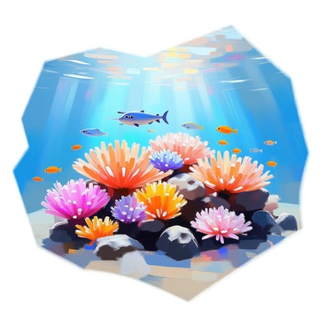 A drone's perspective showcasing an underwater coral reef teeming with vibrant marine life. The scene features an array of colorful corals in shades of blue, pink, and yellow, creating a stunning landscape beneath the surface. Schools of small fish swim gracefully around the corals, their scales shimmering in the light that filters down from above. The water is crystal clear, allowing for an unobstructed view of the rich biodiversity present in this lively ecosystem. Sunlight creates patterns as it dances across the coral formations and the sandy seabed below.