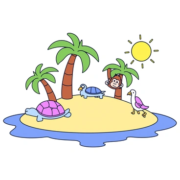 A 3D cartoon island featuring a sandy beach with a gentle curve. The island has several tall palm trees with broad green fronds swaying slightly. Various cartoon animals, including a lounging turtle, a playful monkey hanging from one of the palm trees, and a seagull standing on the sand, are relaxing on the beach. The background includes soft blue waves lapping at the shore. The sun shines brightly in the sky, providing a warm and inviting atmosphere.