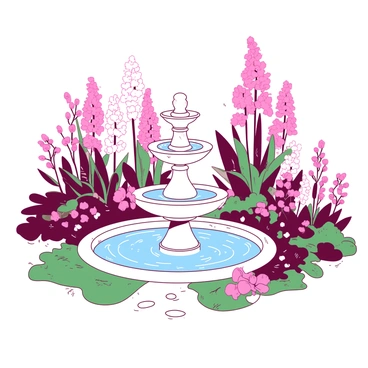 The lush and colorful flower gardens of Quirm, with a fountain in the center