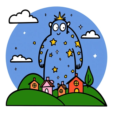 A towering celestial giant with a shimmering skin that reflects the colors of the night sky stands watch over a tranquil village. The giant's body is covered in sparkling stars, twinkling in various sizes, creating a breathtaking celestial display. His big eyes glow softly, casting a gentle light over the village below. The village features quaint houses with warmly lit windows, surrounded by lush green fields and gentle hills. The sky above is deep blue with scattered clouds, enhancing the serene atmosphere of the scene.