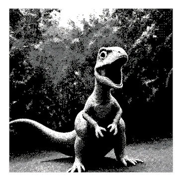 A dinosaur action figure is positioned prominently in the foreground, with its mouth open wide in a roaring pose. The toy has bright details that highlight its scales and features. In the background, a dense jungle is depicted with various green leaves and plants, creating a rich habitat. The juxtaposition between the action figure and the natural setting emphasizes the playfulness of the scene.