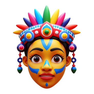 A dancer's face is painted in vibrant colors, showcasing intricate patterns and designs. The dancer wears traditional cultural headgear that is richly adorned with feathers and beads. The headgear features a mix of colors that harmonize with the face paint. The background is softly blurred to emphasize the dancer's expression and elaborate adornments. The lighting highlights the textures of the face paint and the details of the headgear.