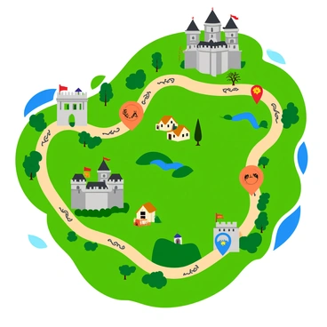 A medieval route map featuring winding paths connecting various castles and villages. The map includes detailed illustrations of the castles, each with tall towers and crenellated walls. Villages are depicted with small clusters of thatched-roof houses. Along the paths, there are images of trees and hills, enhancing the landscape. Markers indicate points of interest, such as rivers and landmarks, with decorative icons. The entire map is bordered with intricate designs and symbols related to medieval culture.