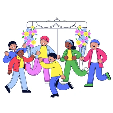 A group of children is playing in the foreground of a nikkah venue. They are wearing colorful attire, with some in bright red, others in blue and yellow, and a few in green. The children have joyful expressions on their faces as they engage in playful activities. In the background, there are decorative elements typical of a nikkah, such as floral arrangements and traditional fabrics. The atmosphere is lively, filled with the sounds of laughter and chatter.