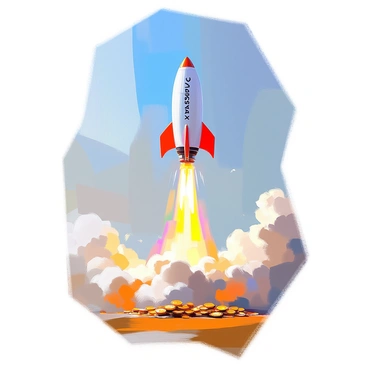 A rocket labeled "Cashback" is launching into the sky, rising with powerful thrust. The rocket's body is sleek and metallic, featuring bold letters spelling out "Cashback" along its side. As it ascends, a vivid trail of shimmering coins erupts from its engines, creating a dynamic stream of gold and silver glimmering in the sunlight. The background shows a clear blue sky, accentuating the rocket's motion as it heads toward the clouds. Below, a small landscape is visible, hinting at the earth from which the rocket is soaring.
