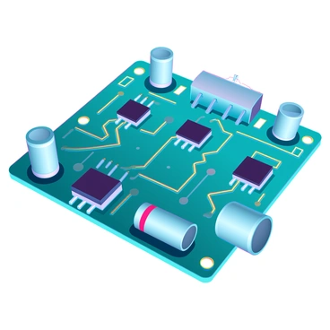 A circuit board with intricate pathways etched into its green surface, featuring various electronic components. There are multiple shiny silver capacitors, with some cylindrical and others rectangular, scattered across the board. Several small, black integrated circuits are positioned at different angles, each with tiny pins extending from their bases. Resistors with color bands are interspersed throughout, along with bright yellow and orange wires connecting the elements. The background is filled with a complex pattern of lines and dots representing electrical connections, showcasing the advanced technology of the circuit board.