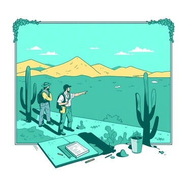 A teal desert landscape stretches out under an expansive sky. In the foreground, a group of explorers, dressed in rugged, sun-protective clothing, traverse the sandy terrain. One explorer is pointing toward a distant sand dune, while another is taking notes in a weathered notebook. Scattered cacti and sparse vegetation are visible in the surrounding area. In the background, towering golden sand dunes rise against the horizon, creating a dramatic contrast with the teal sky. The scene is framed by an ornate border, emphasizing the adventurous spirit of the expedition.
