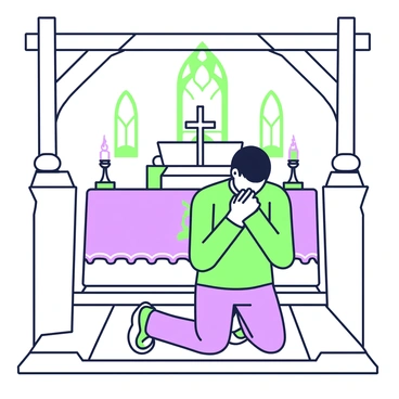 A person is kneeling in quiet prayer on a wooden floor inside a small chapel. The chapel is illuminated by flickering candles placed on the altar and along the stone walls, creating a warm glow. The person has their hands clasped together in front of them, with their head bowed down in reverence. In the background, there is a simple altar adorned with a small cross and a set of more candles. The space is intimate, with wooden beams supporting the ceiling and stained glass windows filtering in soft light.