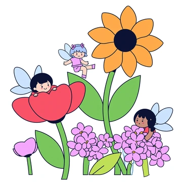 A whimsical page in a flower book shows several fairies hiding among oversized flowers. The fairies have delicate wings and playful expressions, with one fairy peeking out from behind a bright red poppy. An orange sunflower towers nearby, casting a shadow over a tiny fairy sitting on a petal. Pink daisies bloom in clusters, providing a hiding spot for another fairy who is giggling. The background is filled with green leaves and soft, colorful blooms, creating a vibrant atmosphere.