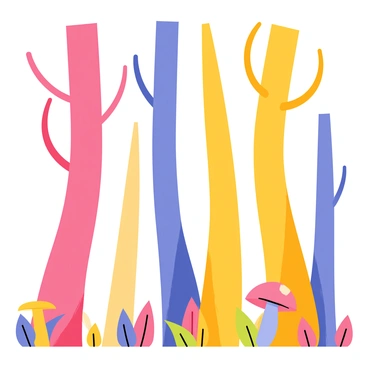 A forest scene featuring a variety of tree trunks in unconventional colors such as bright pink, deep blue, and vivid yellow. The tree trunks have unique shapes, with some curving and twisting, while others stand tall and straight. Underneath the trees, there is a ground covered in colorful leaves that echo the hues of the trunks. In the background, a light breeze causes the trees to sway gently. A few whimsical, oversized mushrooms can be seen scattered among the tree bases, adding to the fantastical atmosphere.
