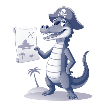 A cartoon crocodile stands confidently, wearing a pirate hat adorned with a skull and crossbones. It has an eye patch over one eye, giving it a fierce appearance. The crocodile is holding a treasure map in one hand, with the map partially unfurled to reveal drawn landmarks and an "X" marking the treasure's location. The crocodile's scales are highlighted with defined lines, and it has a wide, toothy grin, showcasing sharp teeth. Its other arm is raised, possibly pointing towards a distant treasure. The background is a simple suggestion of a tropical island with palm trees and a sandy beach.
