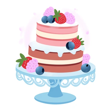 A layered cake sits elegantly on a decorative cake stand. The cake is composed of multiple tiers, each showcasing vibrant colors and textures. Fresh berries, including strawberries, blueberries, and raspberries, are artfully arranged on top of the cake, adding a burst of natural color. A light dusting of powdered sugar covers the surface of the cake, creating a delicate, snowy effect. The cake stand has intricate designs, complementing the overall presentation. The background features soft, gradient pastel colors that enhance the visual appeal of the cake.
