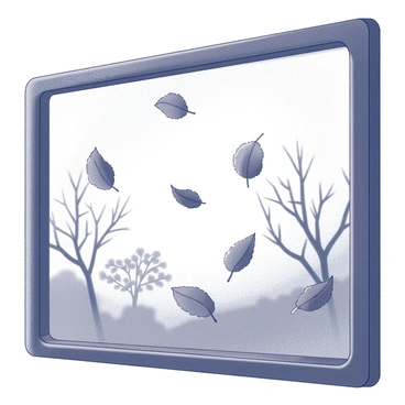 A bus window is framed by the view of falling leaves. The leaves are in a variety of shapes and sizes, swirling gently in the air as they descend. The background features a blurred landscape of trees with sparse branches, some of which are bare, while others still have clusters of leaves clinging on. The window is slightly fogged, adding a soft texture to the scene. Reflections of the bus interior and passengers can be faintly seen on the glass surface.