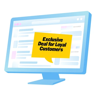 An email inbox is displayed on a computer screen, filled with various messages. One message is highlighted in bright yellow, standing out prominently. This highlighted message contains bold text that reads "Exclusive Deal for Loyal Customers." The background of the inbox features a clean layout with different email logos and a timestamp on each email entry. The colors of the inbox are soft and harmonious, creating an inviting atmosphere. A subtle shadow casts beneath the computer to add depth to the scene.