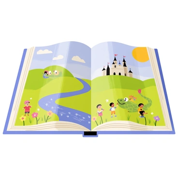 A children's book open to a colorful, full-page illustration of a fantasy scene