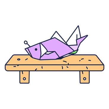 A delicate paper origami fish is resting on a wooden table. The fish is intricately folded, showcasing fine details in its fins and body. The origami has sharp creases and a smooth surface, capturing the light subtly. The wooden table has a warm texture, with visible grains and knotholes adding character to the scene. The fish is positioned centrally on the table, with its tail slightly curled upward, creating a sense of elegance.