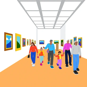 A spacious museum interior filled with bright, well-lit exhibits. Several visitors are walking along a polished wooden floor, pausing briefly to glance at various art pieces displayed on white walls. The visitors include a family with two children, a couple, and an elderly man, each dressed in casual clothing. The art pieces consist of colorful paintings and sculptures, showcasing a variety of styles. Light filters through large windows, creating instances of shadow and light on the floor, enhancing the atmosphere of exploration.