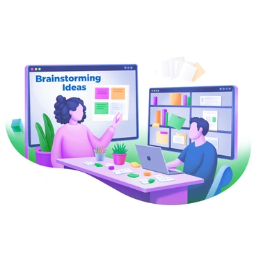 Two colleagues are engaged in a video chat, each sitting at their desks in their home offices. One colleague, a woman with curly hair, is wearing a light pink sweater and is surrounded by potted plants. The other colleague, a man with short hair, is dressed in a blue shirt and has a bookshelf filled with books behind him. Each screen displays the words "Brainstorming Ideas" prominently in bold letters. Various notes and colorful sticky notes are arranged on both desks, emphasizing the brainstorming atmosphere.