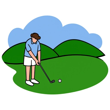 A golfer with light skin and short dark hair is standing on a lush green golf course preparing to putt. He is dressed in a blue polo shirt and white shorts. The golf ball is positioned just in front of him, and he is focusing intently on his target. In the background, there are rolling hills covered with vibrant grass and a clear blue sky, enhancing the scenery of the golf course.