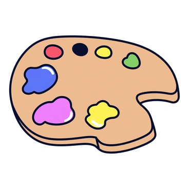 An artist's palette with a wooden texture and a classic shape. The palette has several blobs of vibrant paint, including blue, red, yellow, and green. Each splash of paint expands outward, creating a dynamic visual effect. The paint is glossy and has droplets accumulating at the edges, showcasing a lively representation of creativity.