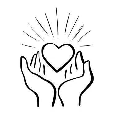 A pair of hands gently cupping a "glowing heart" at the center, radiating light. The hands are detailed with lines and textures, showcasing age and care. Surrounding the heart, there are small swirling patterns that suggest warmth and energy. The background features subtle, flowing shapes that imply a sense of connection and unity.