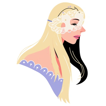 A side view of a person wearing a "delicate masquerade mask" adorned with intricate lace patterns and small sparkling gems. The mask covers the upper half of the face, leaving the lower half exposed. The person has long, flowing hair cascading down their back, and they are dressed in an elegant attire with ruffled details. Soft light creates gentle shadows, highlighting the contours of their face and the artful decoration of the mask. The overall composition conveys a sense of mystery and elegance.