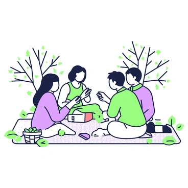 A card game is being played on a blanket spread on the ground. The blanket features a textured pattern, and a group of four players is gathered around it. Each player holds cards and is focused on their hands while sitting cross-legged. Surrounding the blanket are numerous fallen autumn leaves in various shapes and sizes, showcasing the season. In the background, there are trees with branches that have lost most of their leaves, creating a warm yet contrasting atmosphere. A small basket containing snacks sits at one corner of the blanket, adding to the casual setting.
