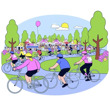 A bustling crowd of bikers speeding through a city park during a festival