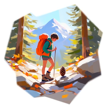 A hiker with short brown hair, wearing a green jacket and sturdy hiking boots, is walking along a rugged mountain trail surrounded by tall evergreen trees. The sun filters through the branches, casting dappled light on the ground. The hiker is bent down, reaching out to pick up a "perfect pine cone" nestled among the fallen leaves and twigs. In the background, steep mountain slopes rise towards a clear blue sky, enhancing the natural beauty of the scene.